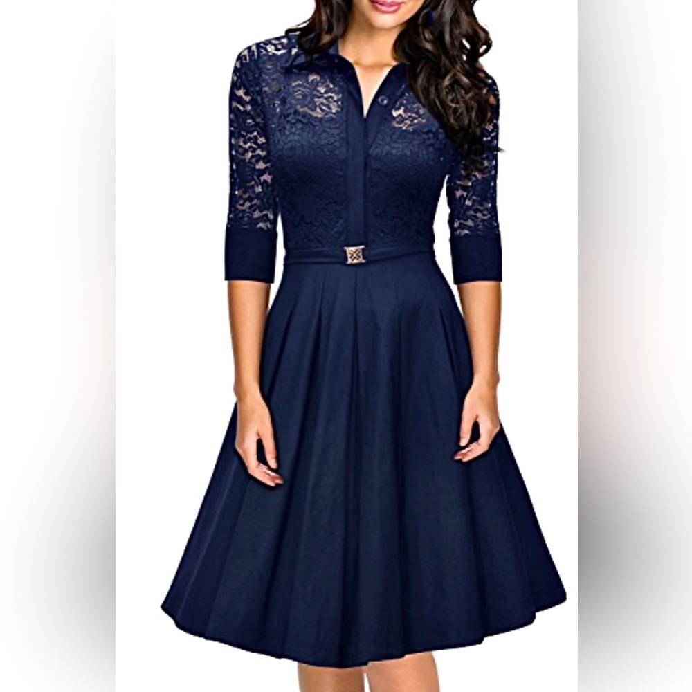 🌀 Missmay Vintage 1950s Style Cocktail dress | 3/4 Sleeve | Navy Blue